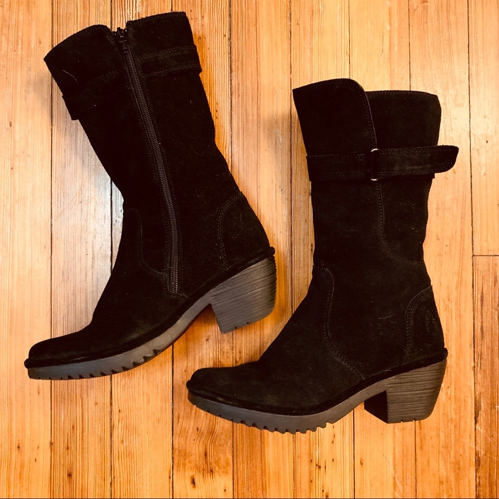 Fly London Black suede mid calf boot. 8/8.5